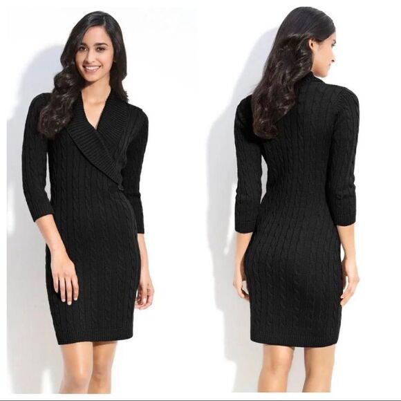 Calvin Klein Black Shawl Collar Knit Sweater Dress Size Medium - Picture 1 of 12